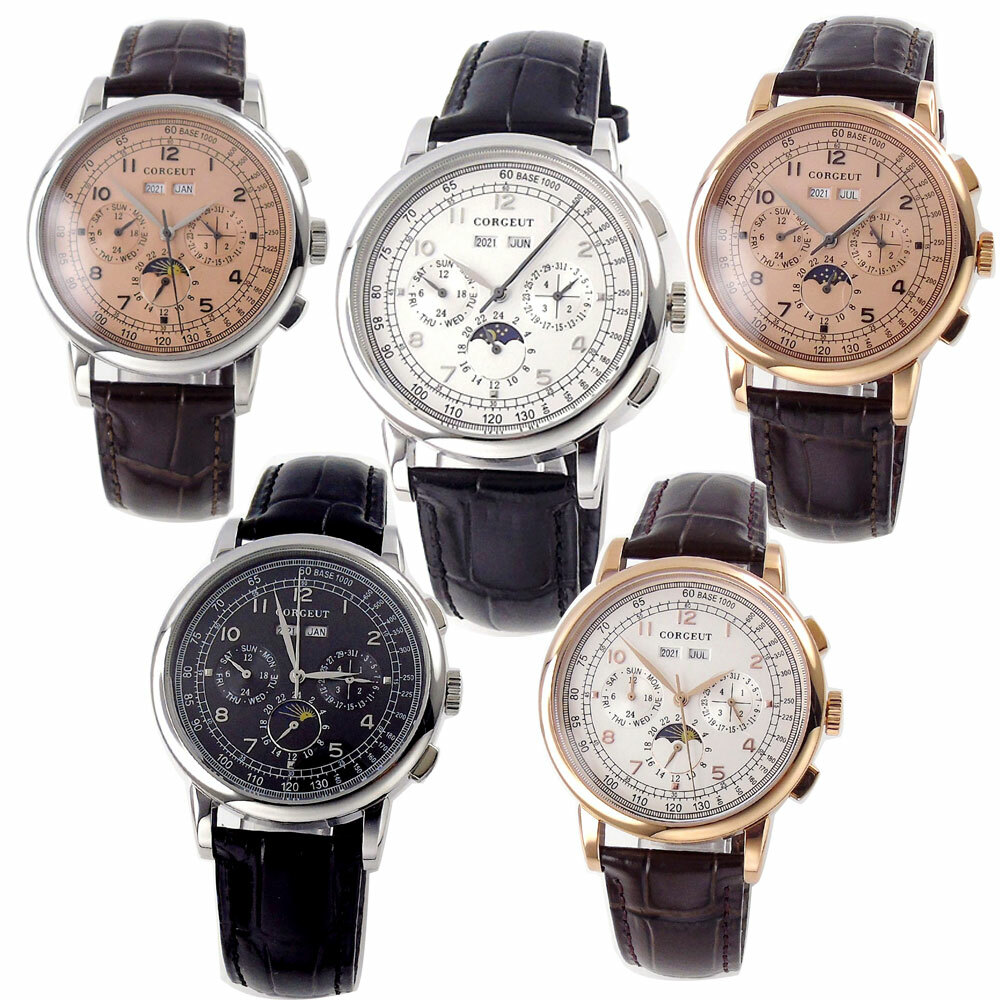 Corgeut 42mm Black Automatic Men’s Watch Date month Year Function Mental Strap