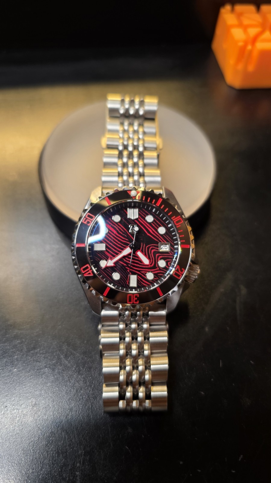 Custom Built A. Jon Watch NH35 Automatic Watch Red and black dial Polished case
