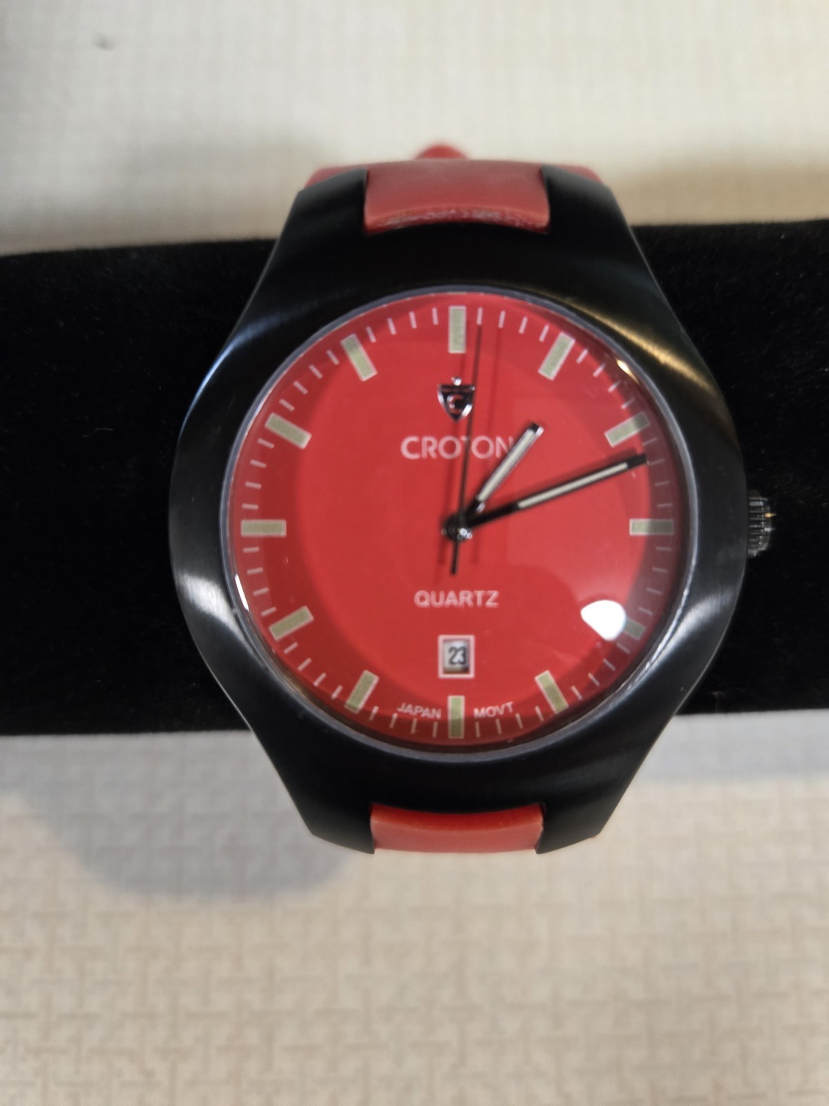 Croton Quartz Analog Watch 100m Date Red Dial Black Case Red Rubber Strap