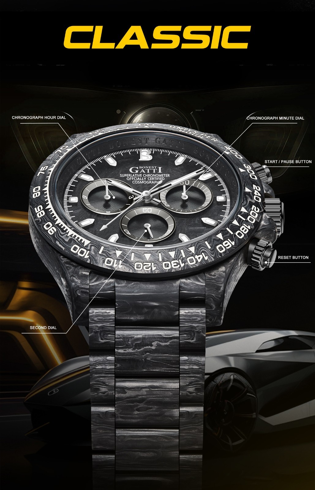 BONEST GATTI Men Chronograph Watch Automatic Mechanical Wristwatch Carbon Fiber
