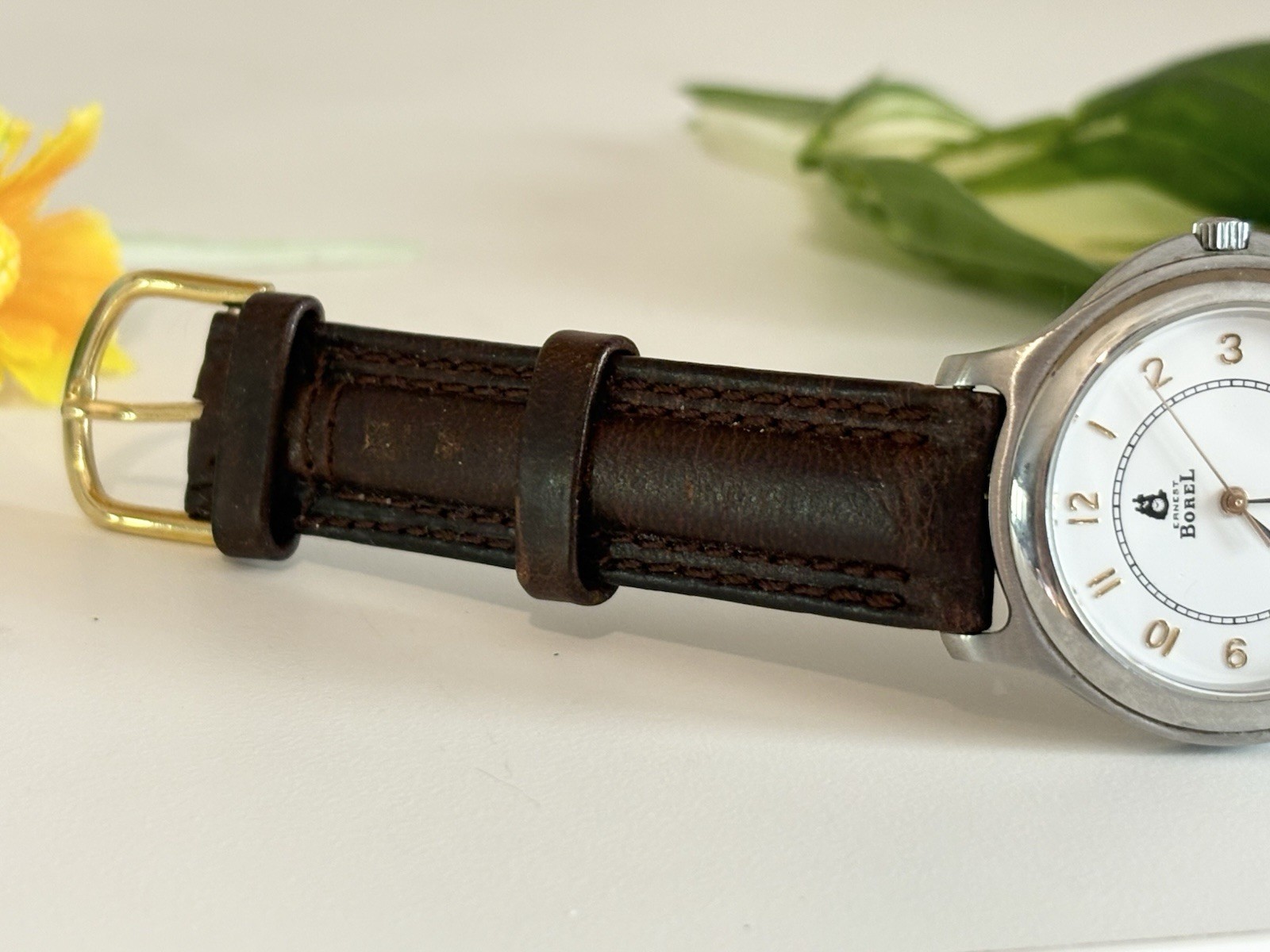 Rare Vintage Ernest Borel Day/Date Swiss Luxury Brown Leather Two-Tone Men Watch