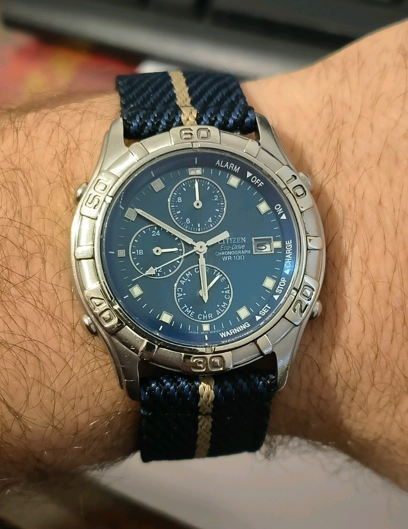 Citizen EcoDrive 0870-H11691 Chronograph Alarm Date Watch 100WR Blue Dial 36.5mm