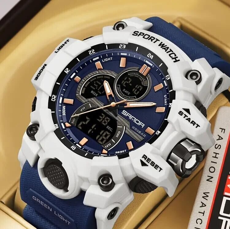 Gray Men Luxury Sports Watch Dual Display Waterproof Quartz Movement Stopwatch