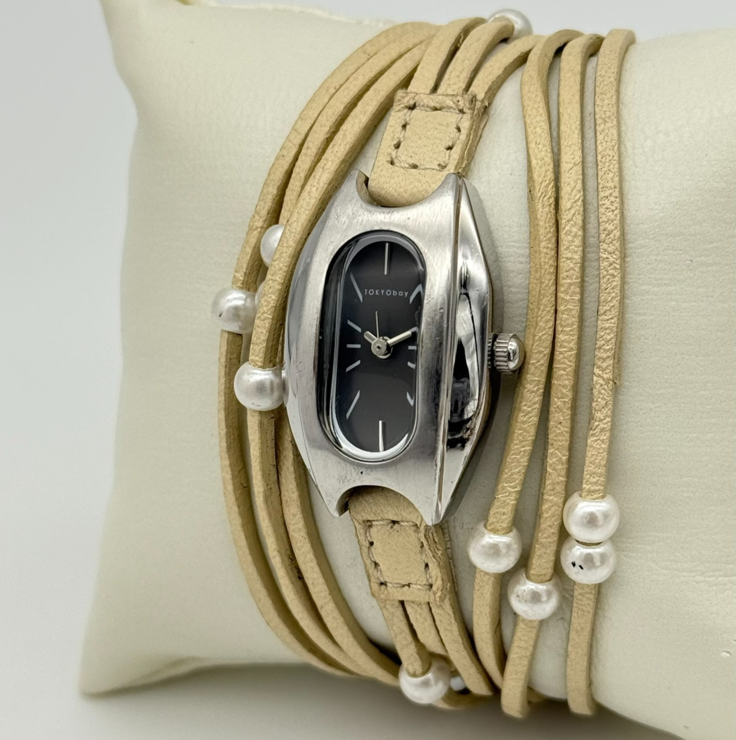 Women’s TOKYObay Silver Tone Watch, Multi-Strand Beige Leather Strap, Black Dial