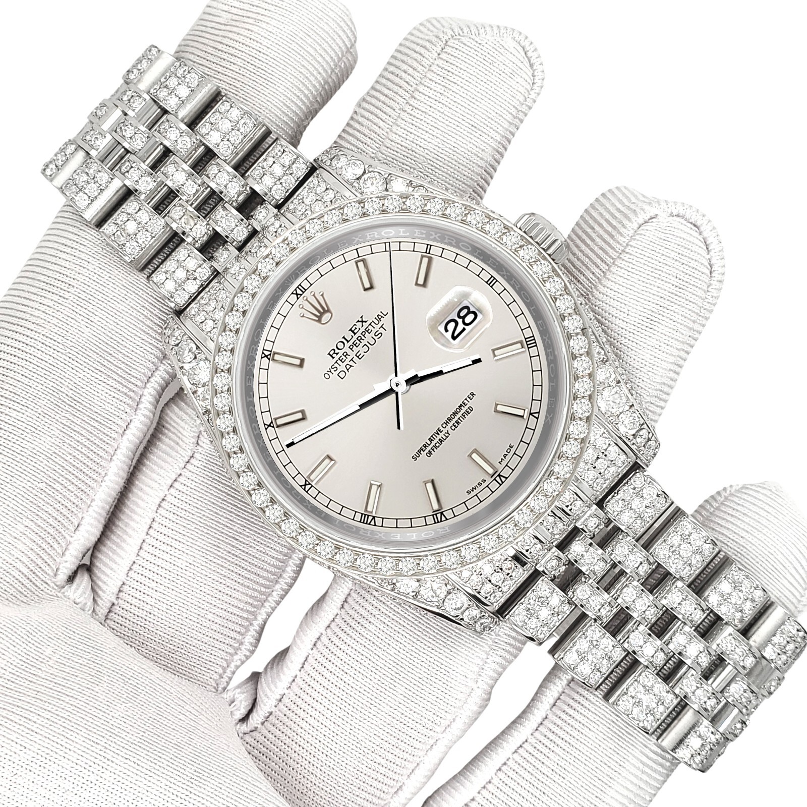 Rolex Datejust 36mm Pave 10.2ct Iced Diamond Silver Dial 116200 Watch Box Papers