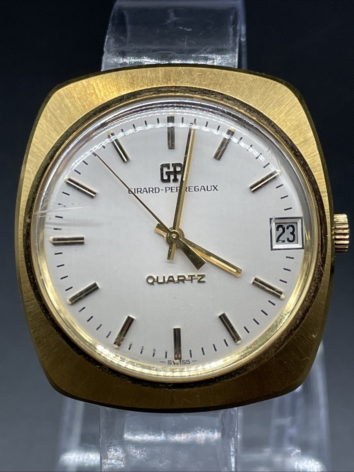 Girard Perreguax 18kt. Plate Watch VTG Cushion Style Case White Face Working