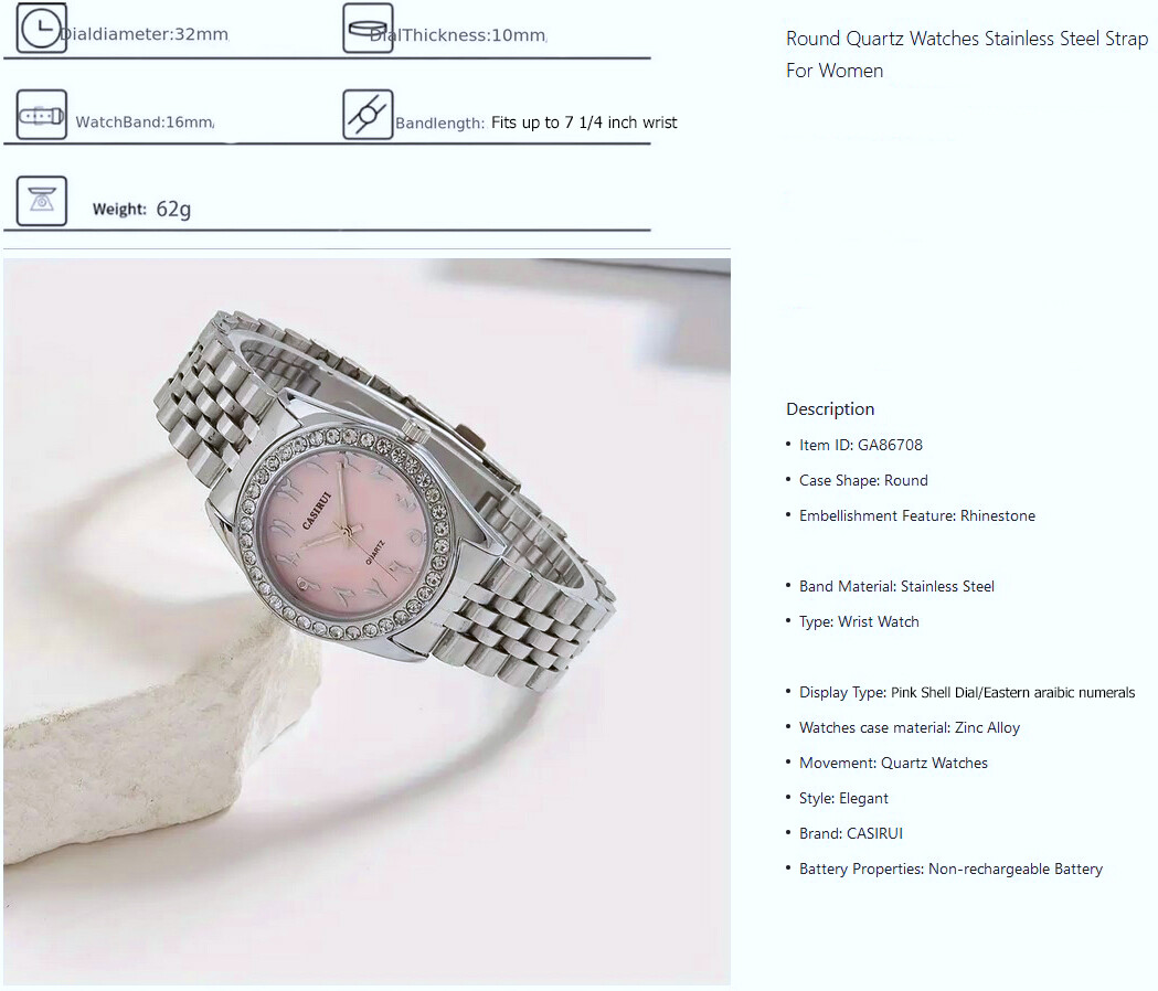 NEW! Casiru Ladies Rhinestone Bezel w/Pink Shell Dial Quartz Watch Stainless