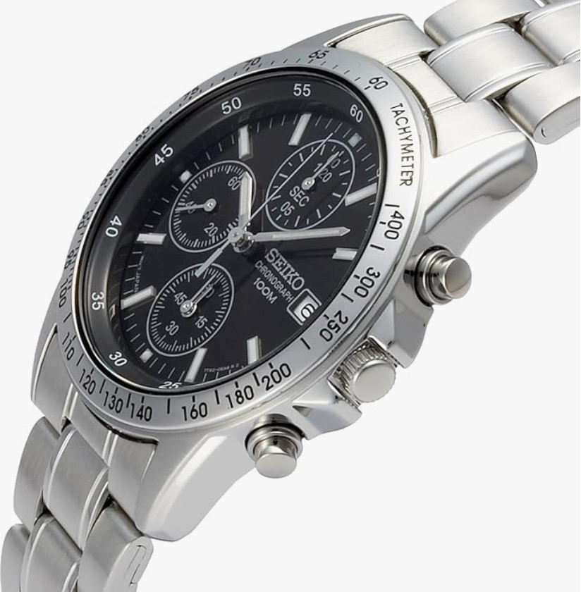 Seiko SND367PC Men’s Quartz Chronograph Black Dial Silver Watch　Fr/s