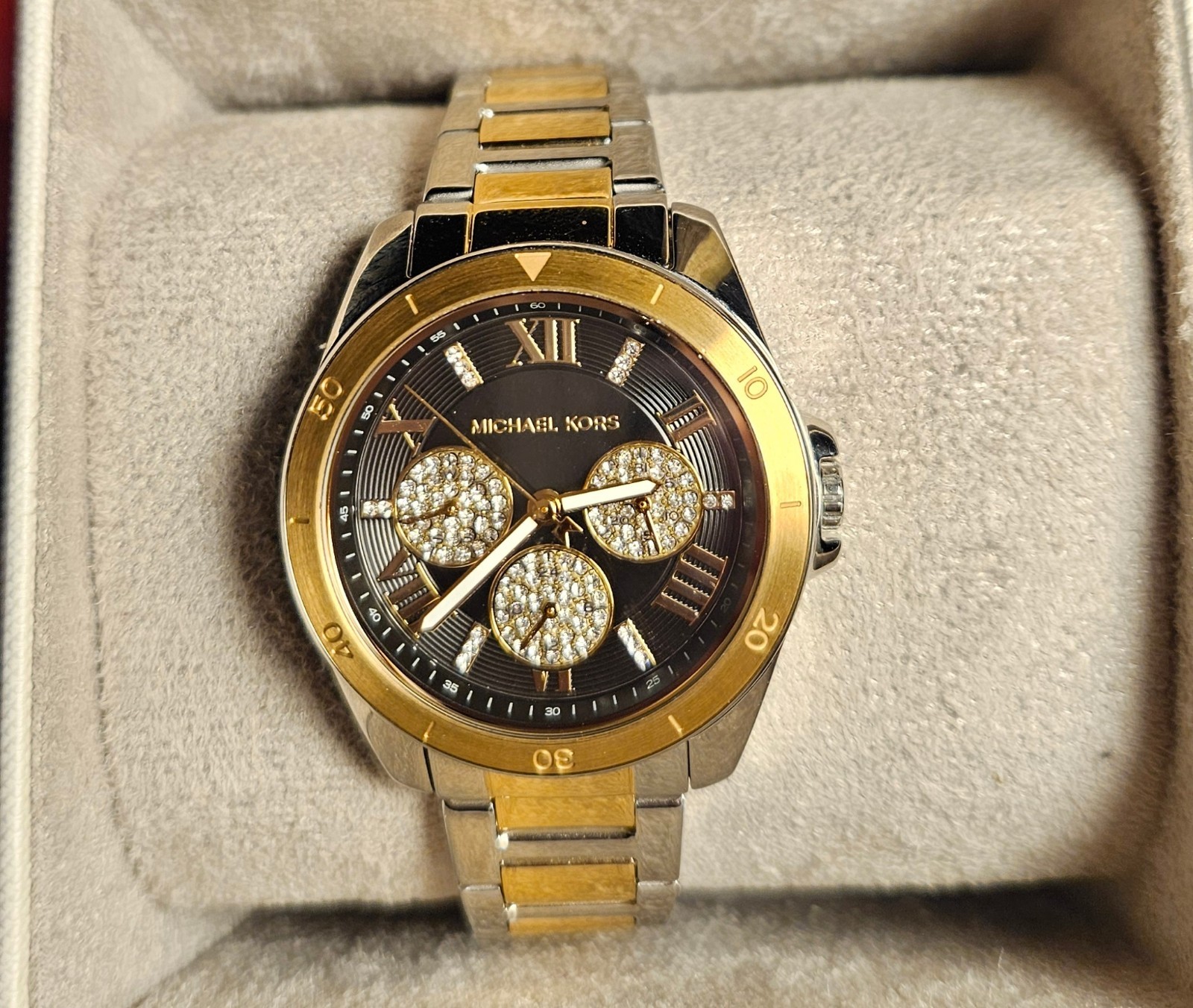 Michael Kors Alek Womens Pave Crystals Watch, Black Dial, Two Tone Gold Silver