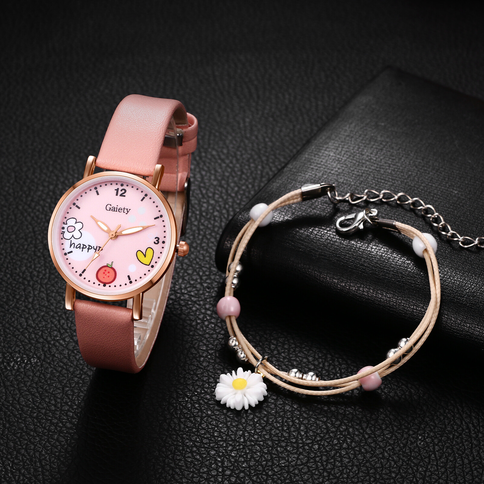 2Pcs Teen Girls Cartoon Sports Leather Quartz Wristwatch Daisy Bracelet Set Gift