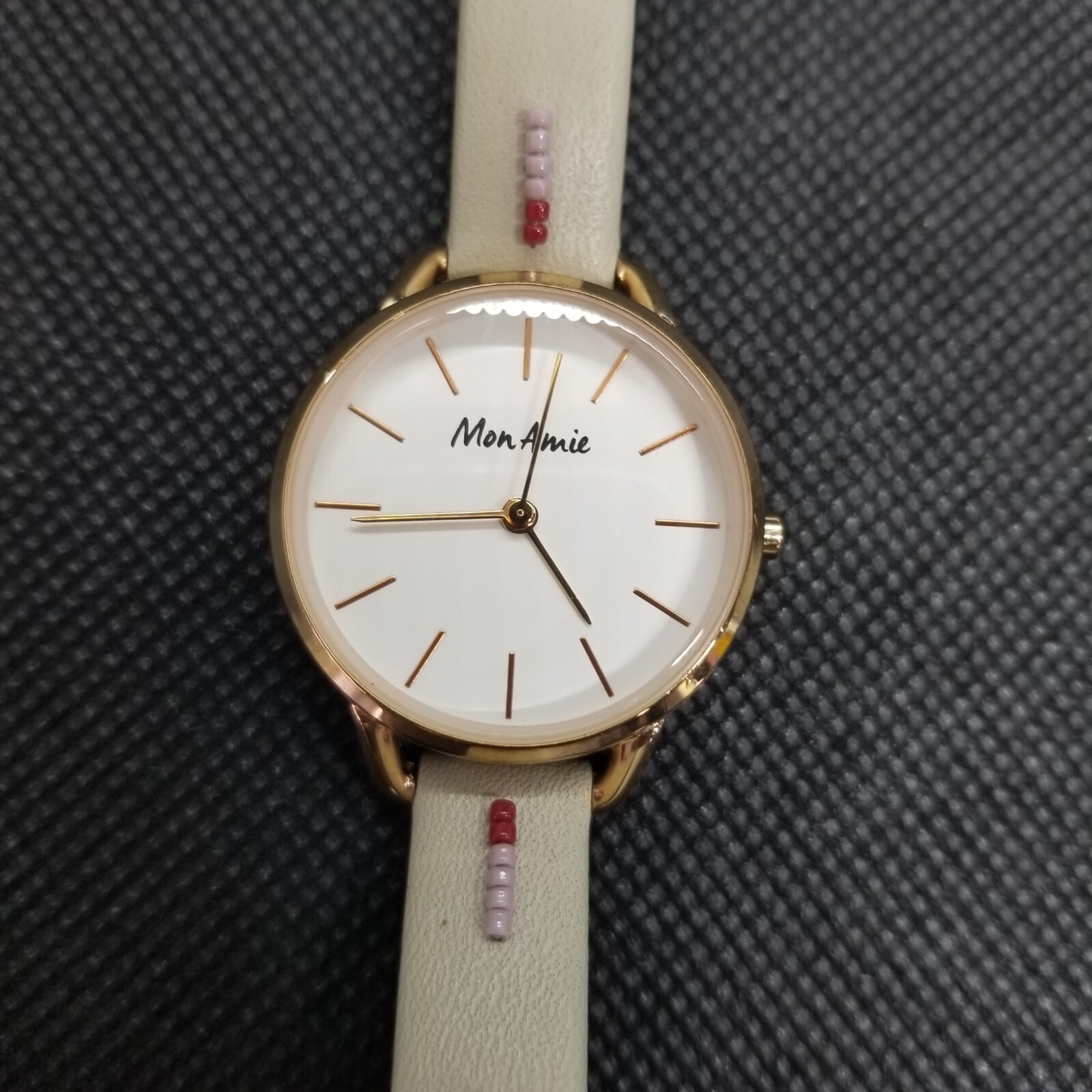 Mon Amie Womens Gold Tone White Round Dial Leather Band Analog Quartz Watch 28mm