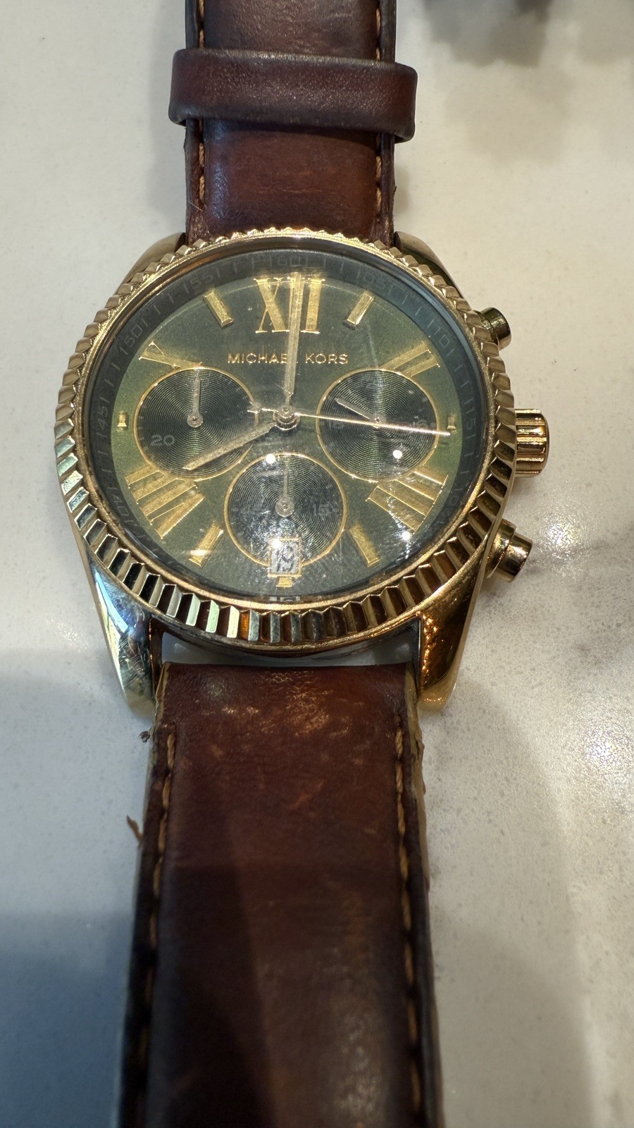 Michael Kors Chronograph Quartz Dress Watch Brown Leather Gold Stainless Steel