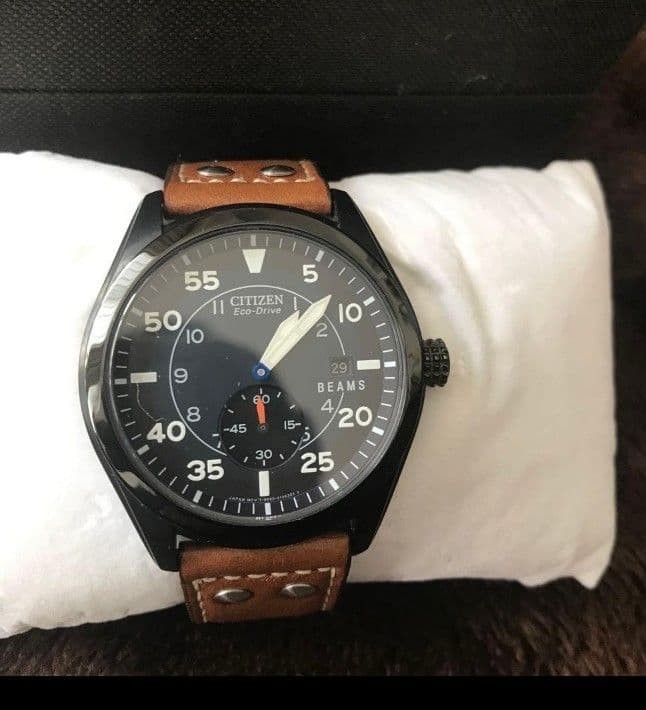 CITIZEN Eco-Drive BEAMS Watch Black Dial Brown Leather Strap Stainless Steel