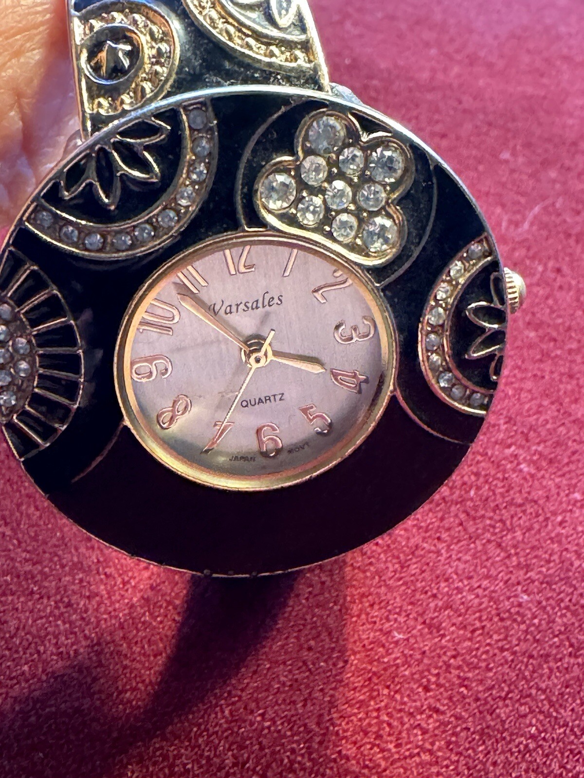 Womens 36mm Gold Tone Versales Bracelet Watch Crystal Black Enamel Accent Japan