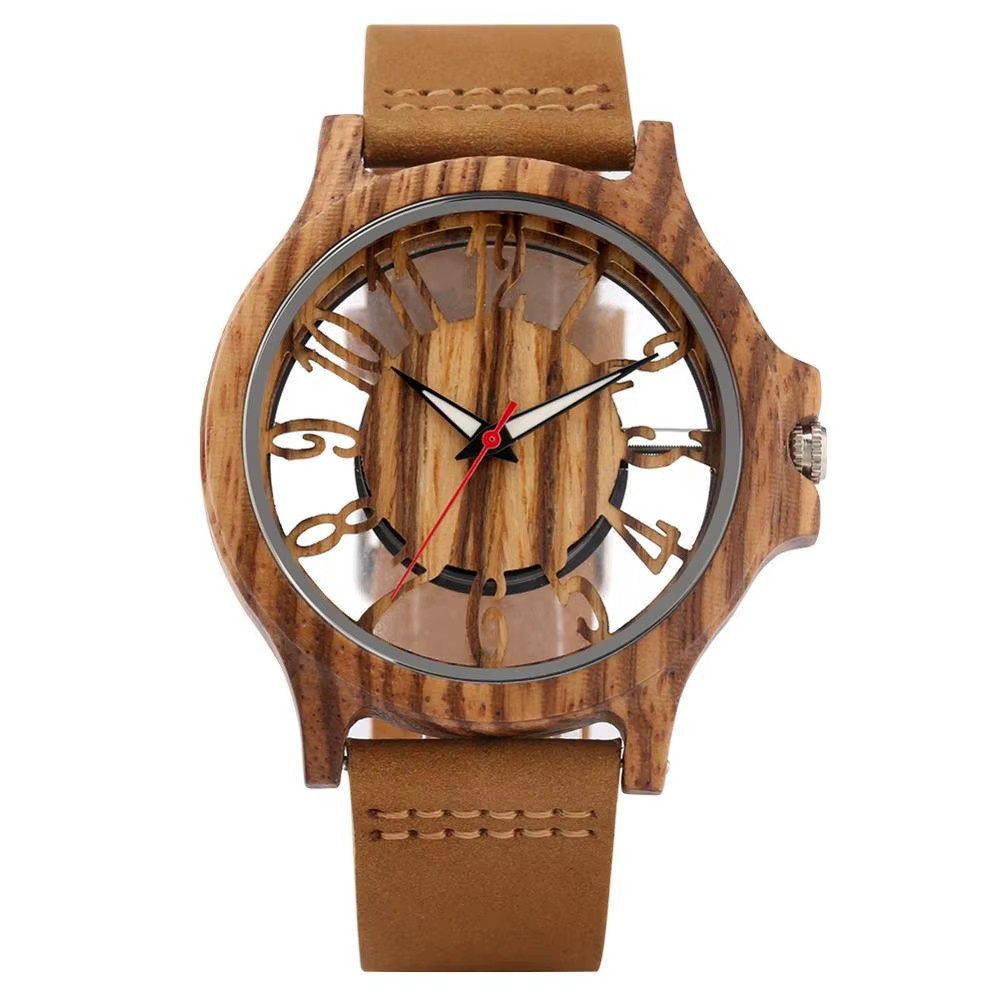 Handmade Men’s Bamboo Watch Sandalwood Quartz Wristwatch for Man Leather Strap