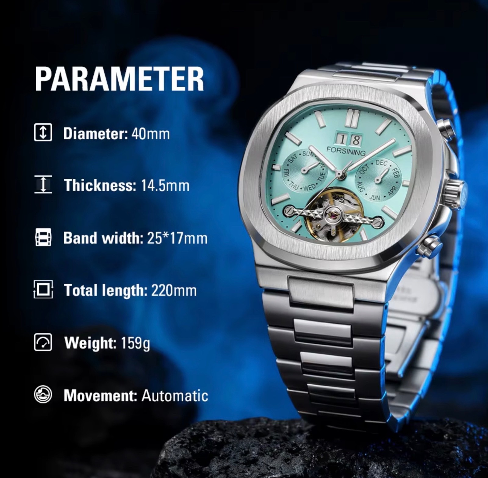 FORSINING Brand Tourbillon Men’s Automatic Mechanical Stainless Steel Band Watch