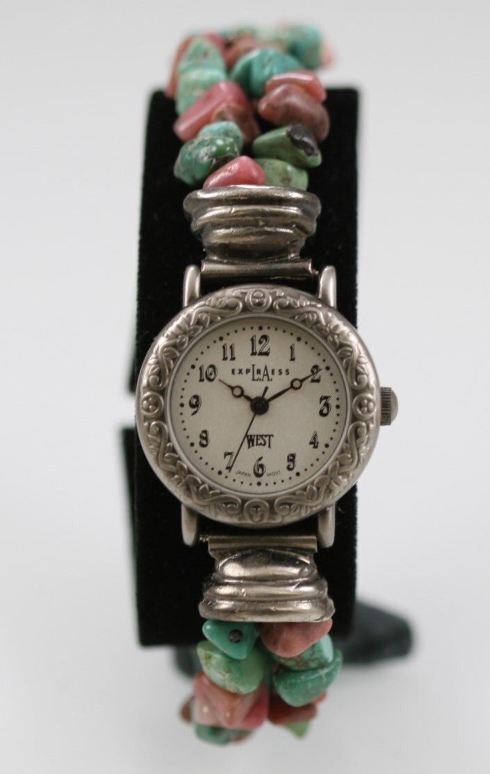 LA Express Women Watch Antiqued Stainless Silver Steel WR Stones White Quartz