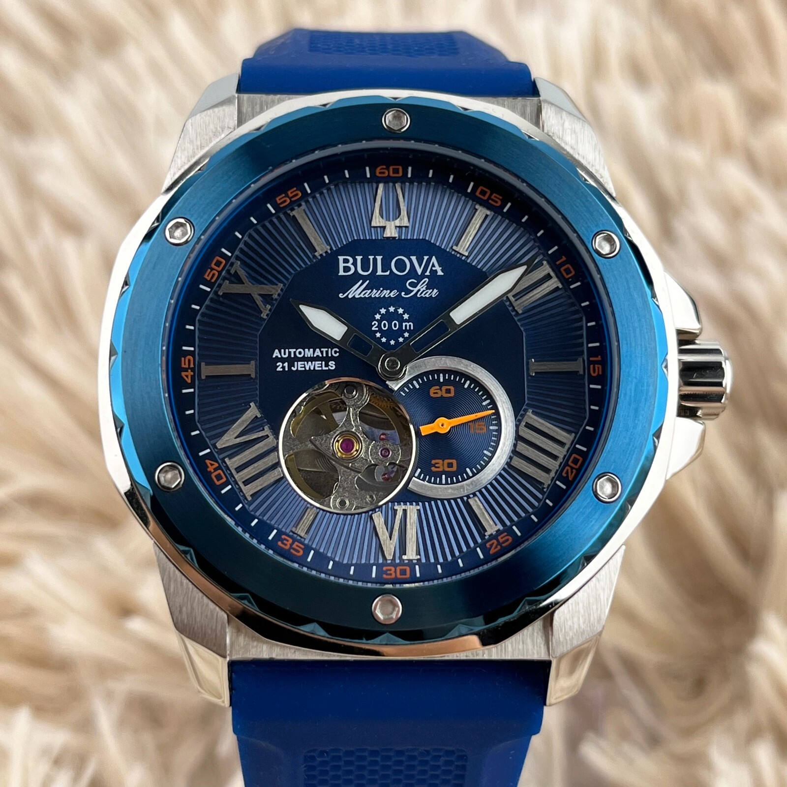 Bulova Marine Star Automatic 45mm Blue Dial Blue Rubber Strap Men’s Watch 98A303