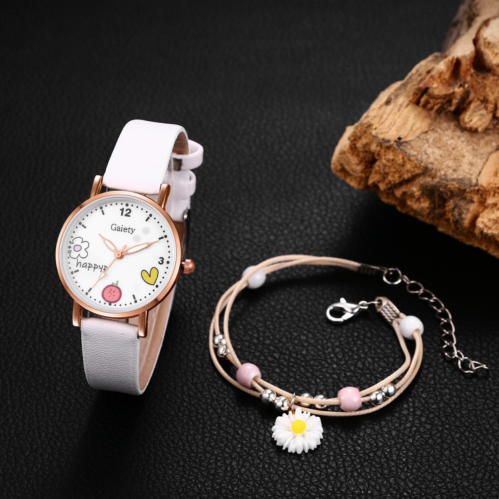 2Pcs Teen Girls Cartoon Sports Leather Quartz Wristwatch Daisy Bracelet Set Gift