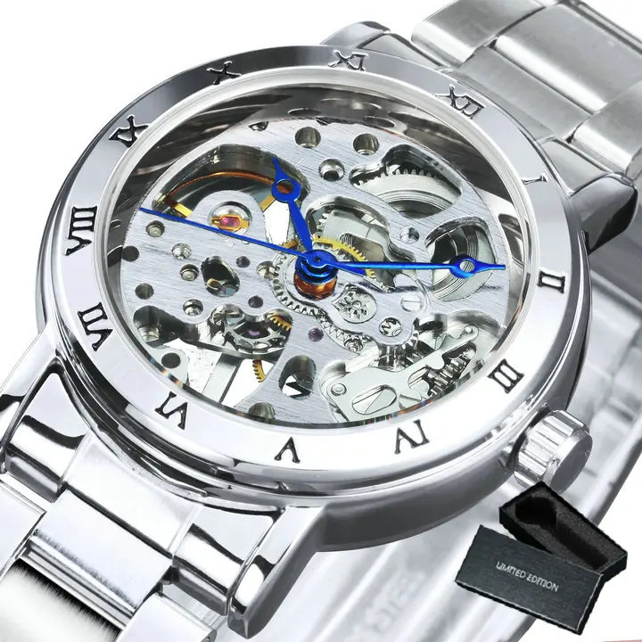 Ladies Skeleton Mechanical Silver Stainless Steel Wrist Watch 1 3/8in Luxury