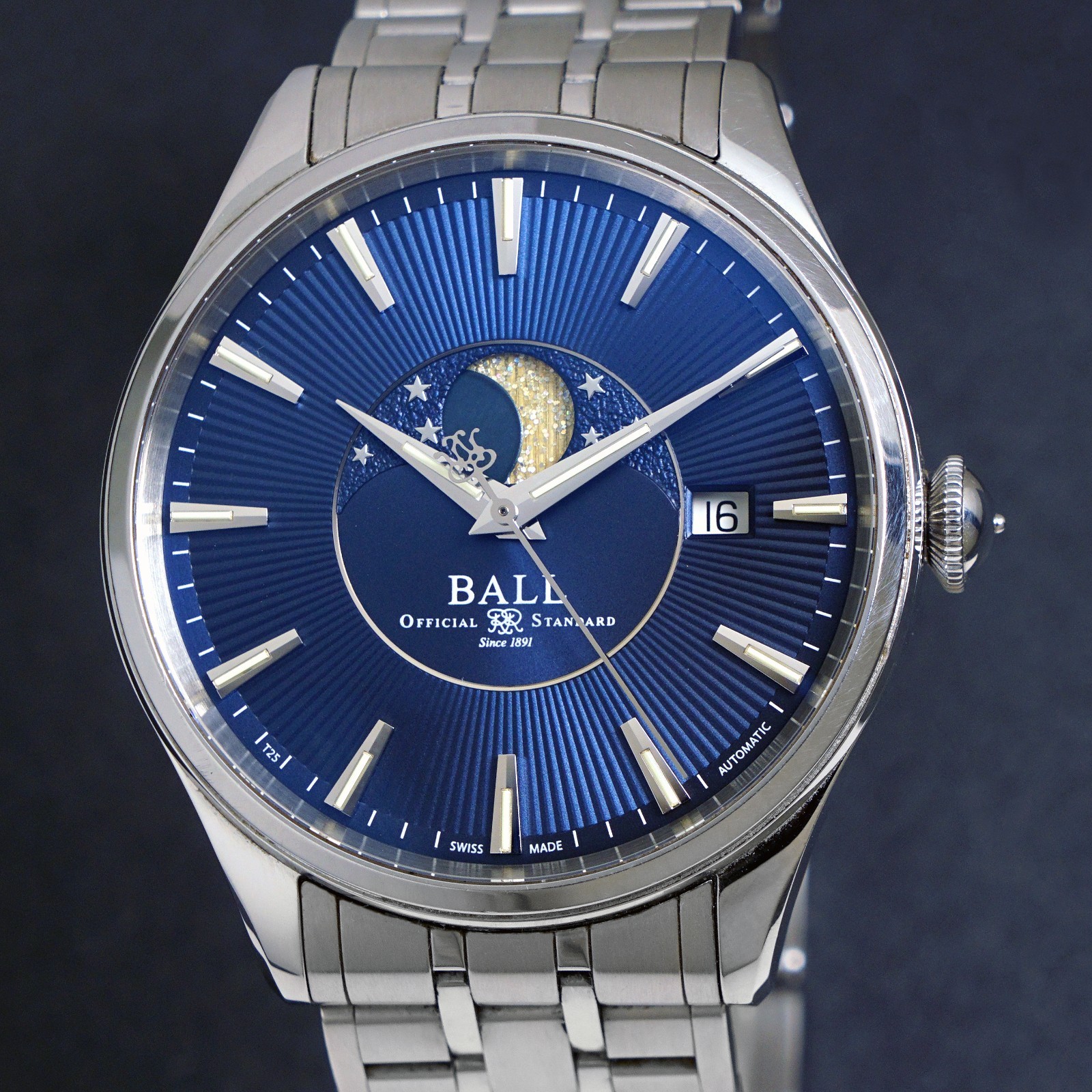 Ball Trainmaster Moon Phase Stainless Steel Blue Dial Watch, Box & Papers