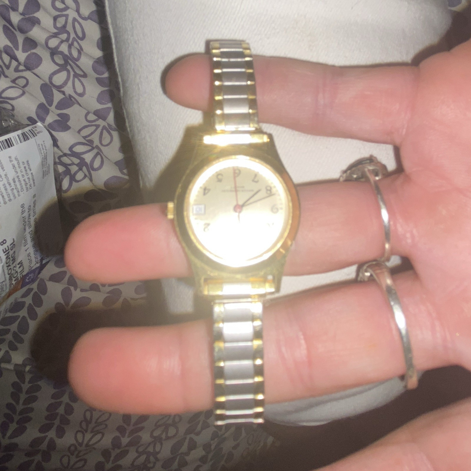 Two-Tone Gold/Silver Metal Bracelet Analog Round Watch w/Date, Arabic