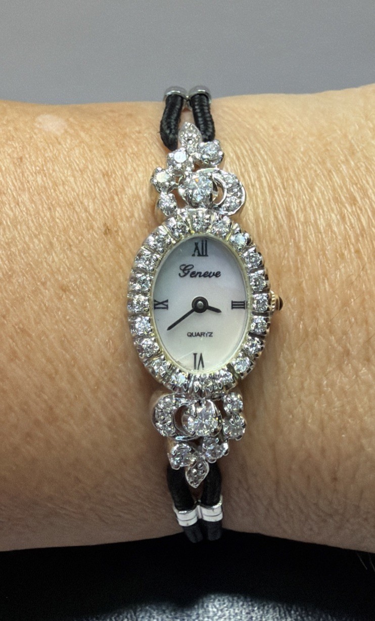 14K White Gold Geneve 1/2Ct Diamond Ladies Antique Vintage Estate Bracelet Watch