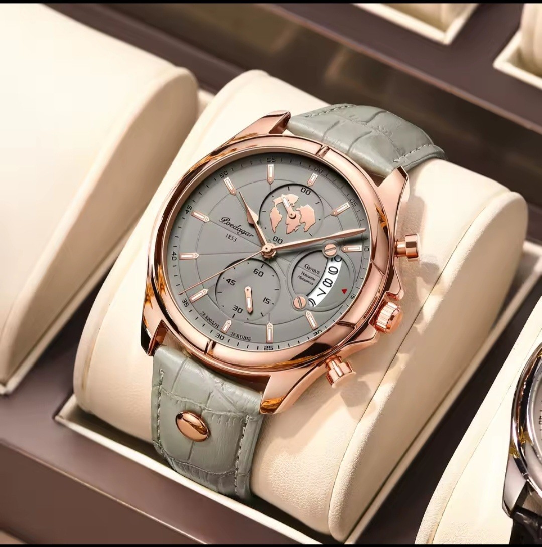 POEDAGAR Men Quartz Watch Fashion Chronograph Leather Band Waterproof Wristwatch