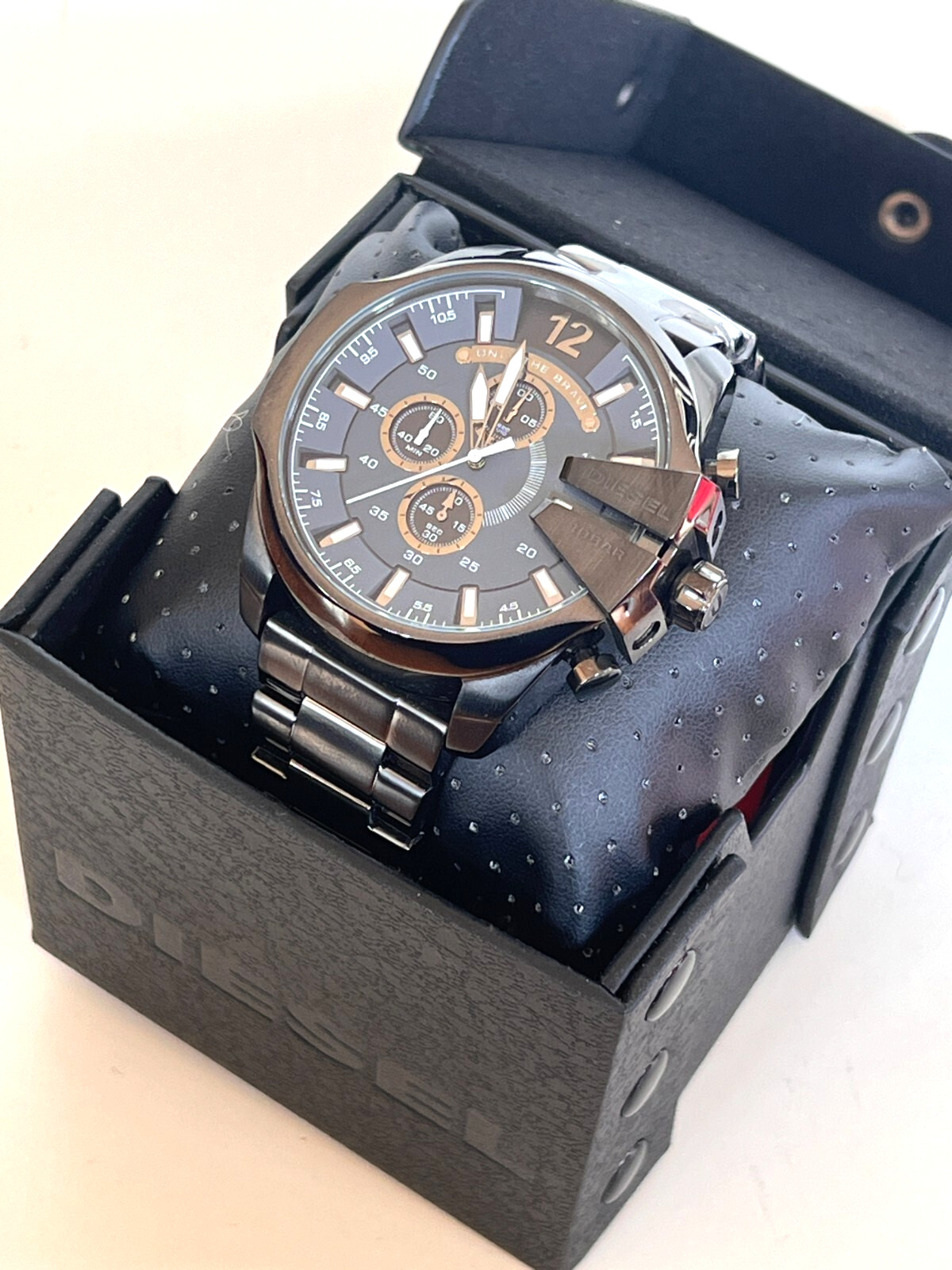 DIESEL DZ4329 Mens Mega Chief Gunmetal Blue Dial Chronograph Watch BNWT/Box $245