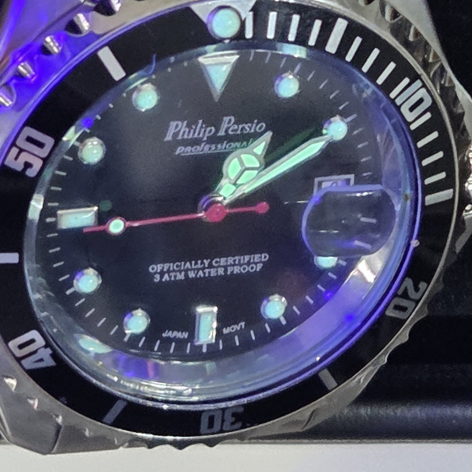 Philip Persio Day Quartz Watch Black Dial & Bezel S.Steel Bracelet Japan Mov New