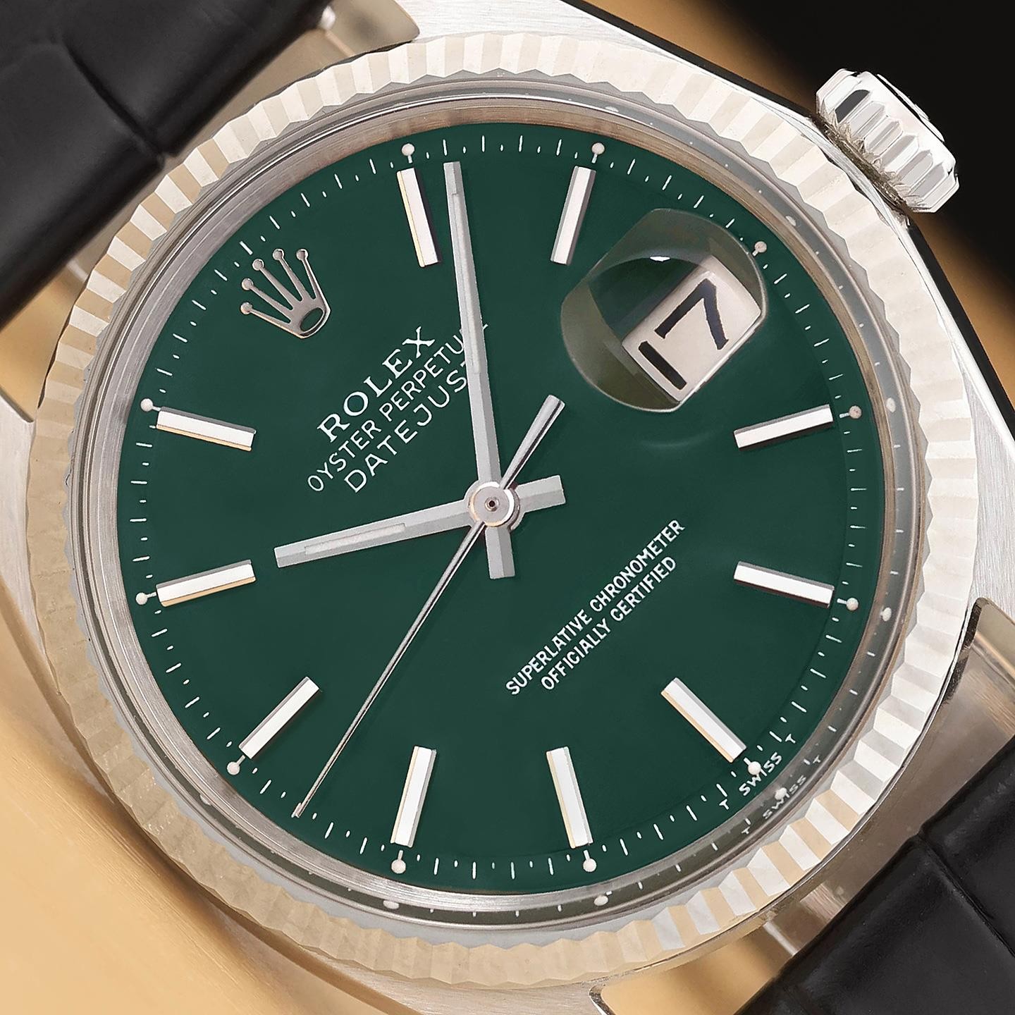 ROLEX DATEJUST 1601 GREEN DIAL 18K WHITE GOLD STEEL BLACK LEATHER BAND WATCH