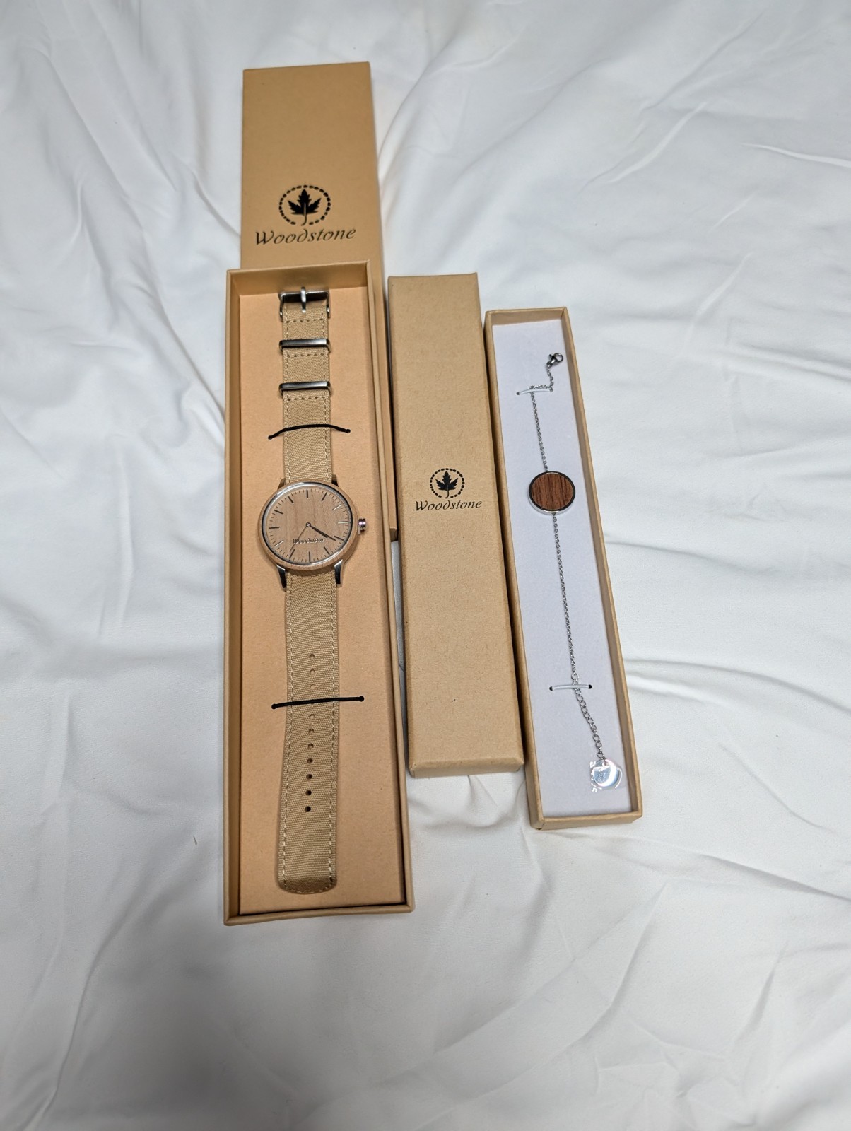 Woodstone Serenity Unisex Quartz Analog Watch Beige Dial/Strap Silver Box.