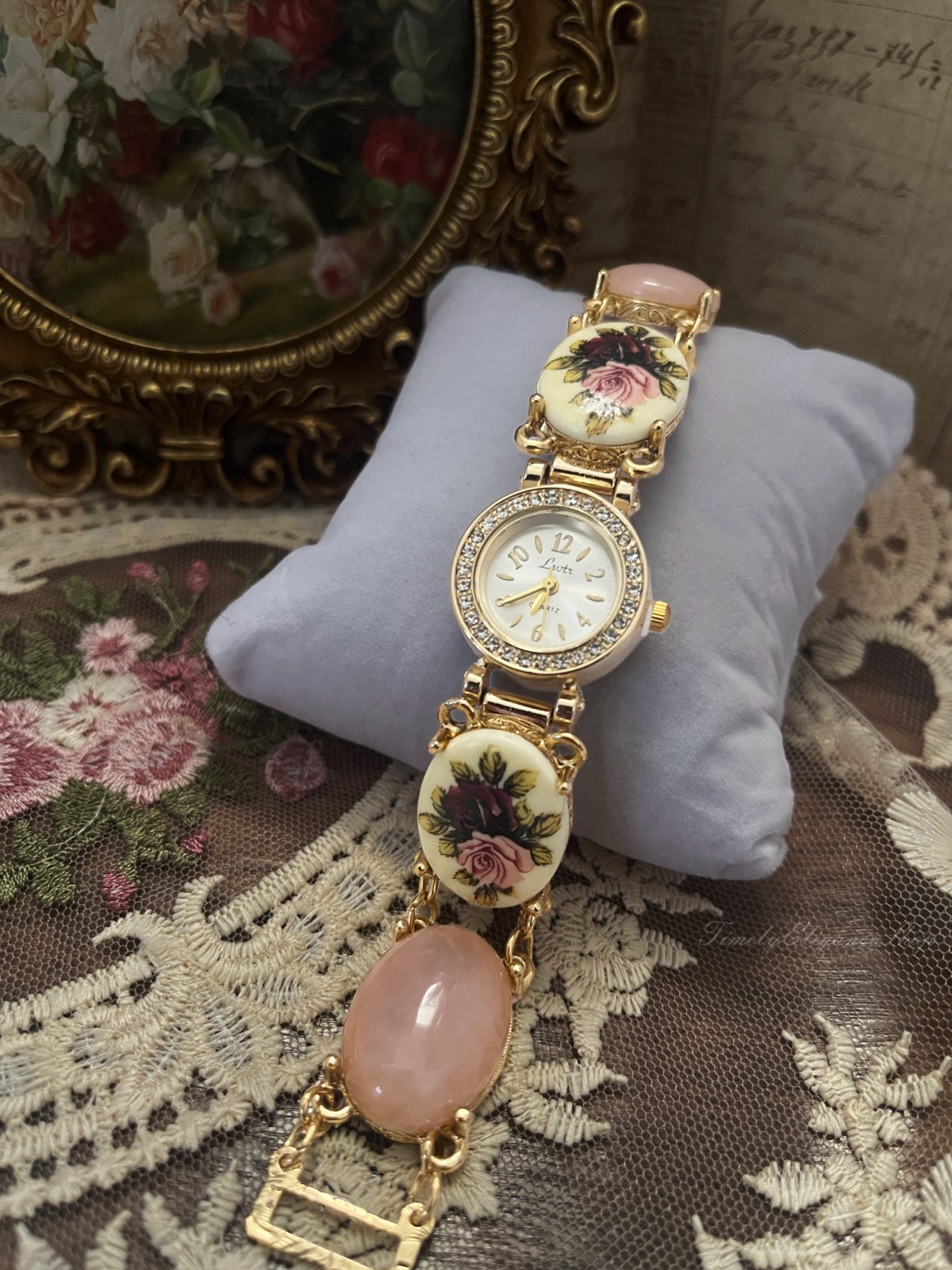 Vintage Rose Quartz Floral Bracelet Watch | Handmade Repurposed Gold Tone Unique