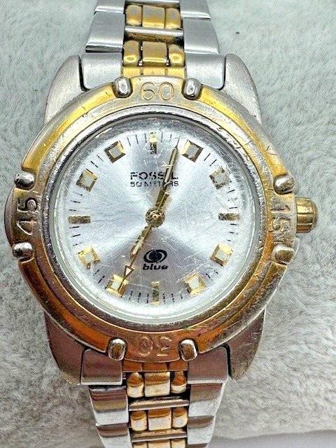 Vintage Ladies Fossil Blue AM-3095 Two Tone Quartz Watch New Battery