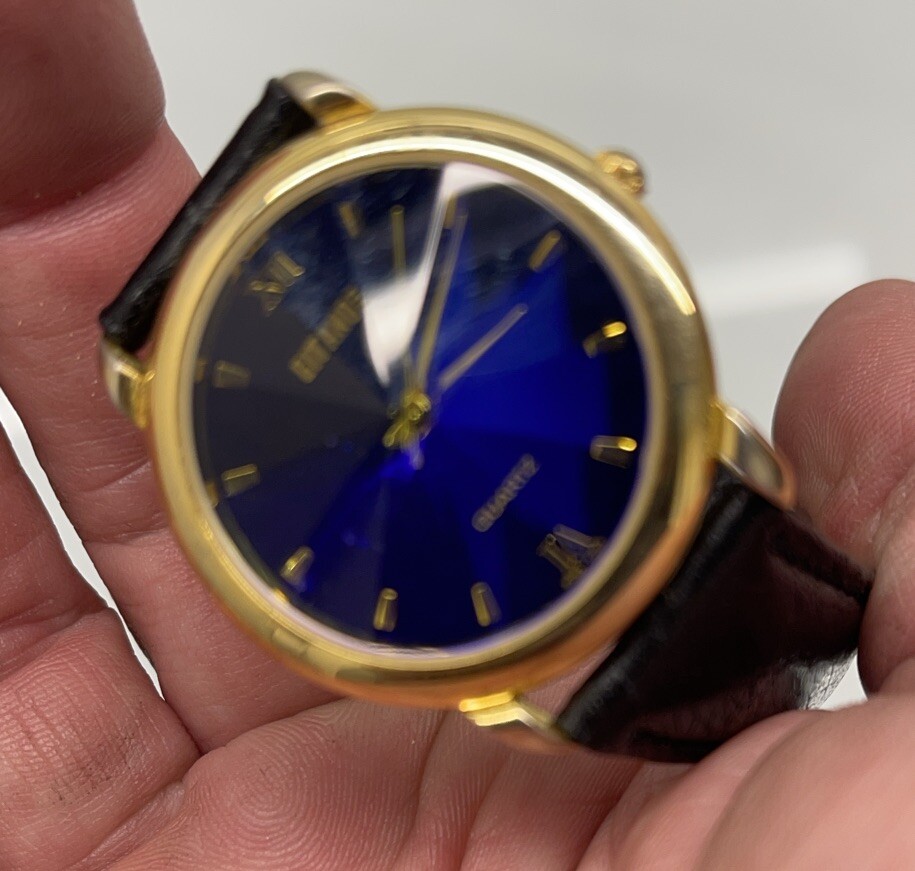 Gitano Watch Blue Purple Dial Black Leather Band – Angled Glass for Sparkle
