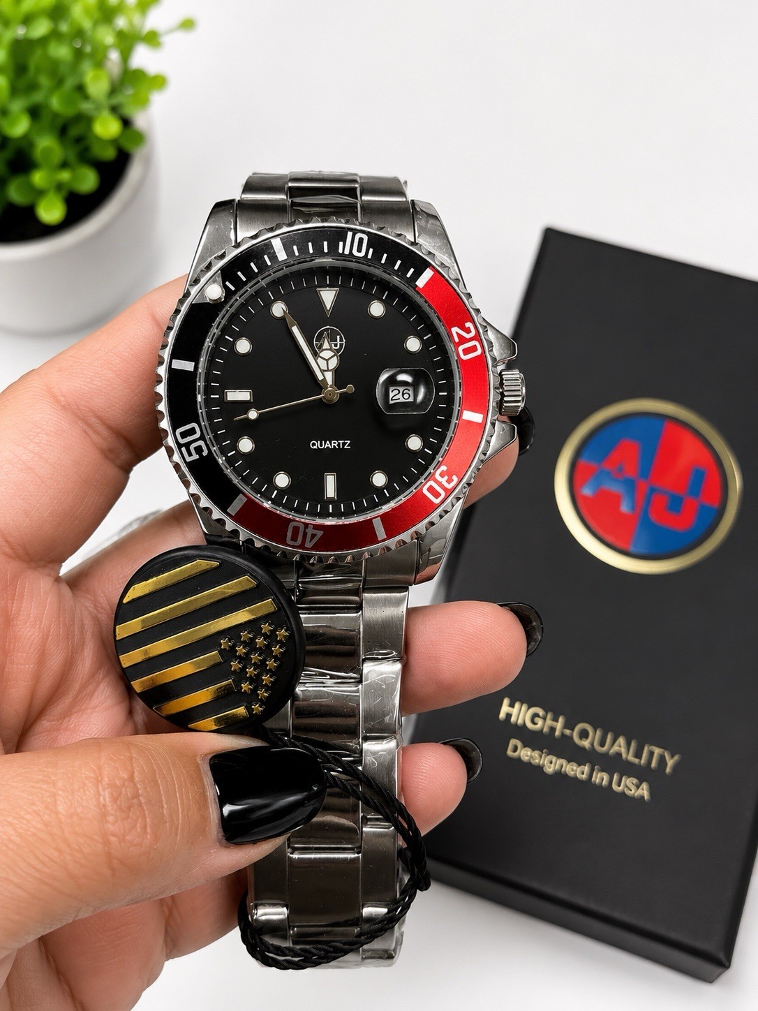 AJ Quartz Diver Wristwatch Black Dial SS Bracelet Red/Black Rotating Bezel Date