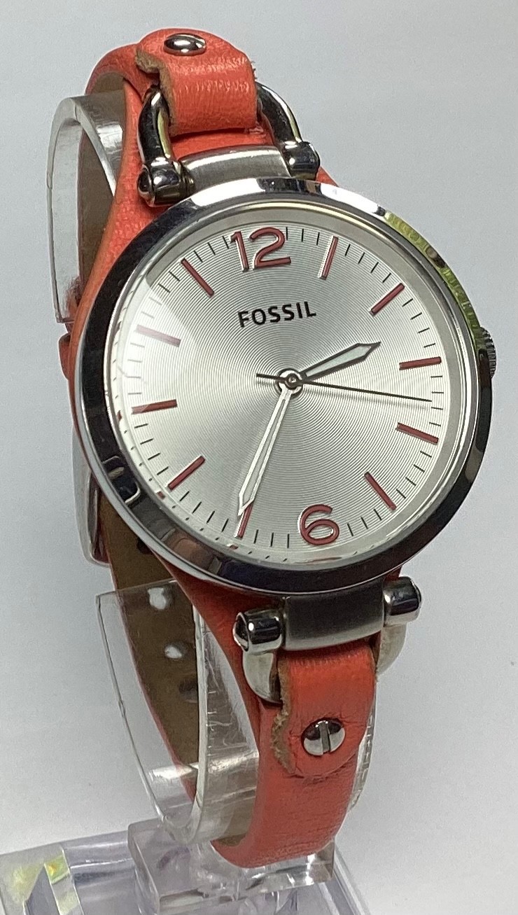 Fossil Georgia Womens Watch ES3219 Silver Orange Leather Equestrian New Battery