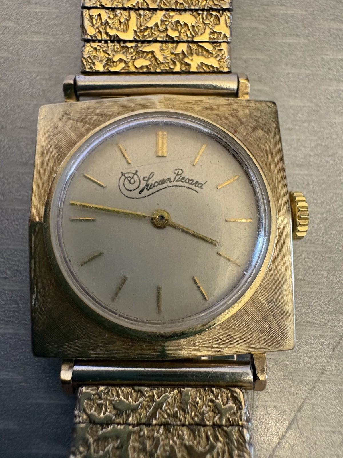 70s Vintage Lucien Piccard 14k Yellow Gold Watch Square Case Textured Bracelet