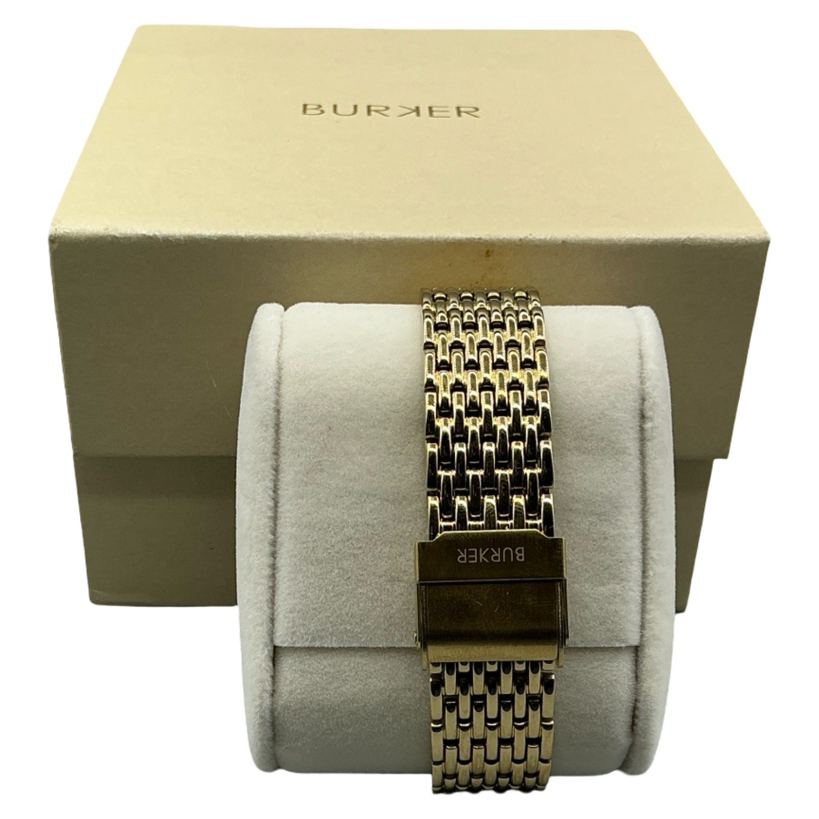 Burker Womens Gold Tone Rectangular Watch Black Dial Jubilee Link Bracelet Box