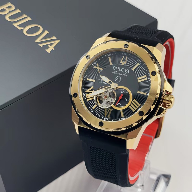 Bulova Marine Star A 98A272 Men’s Automatic Watch Black Gold Dial Silicone Strap