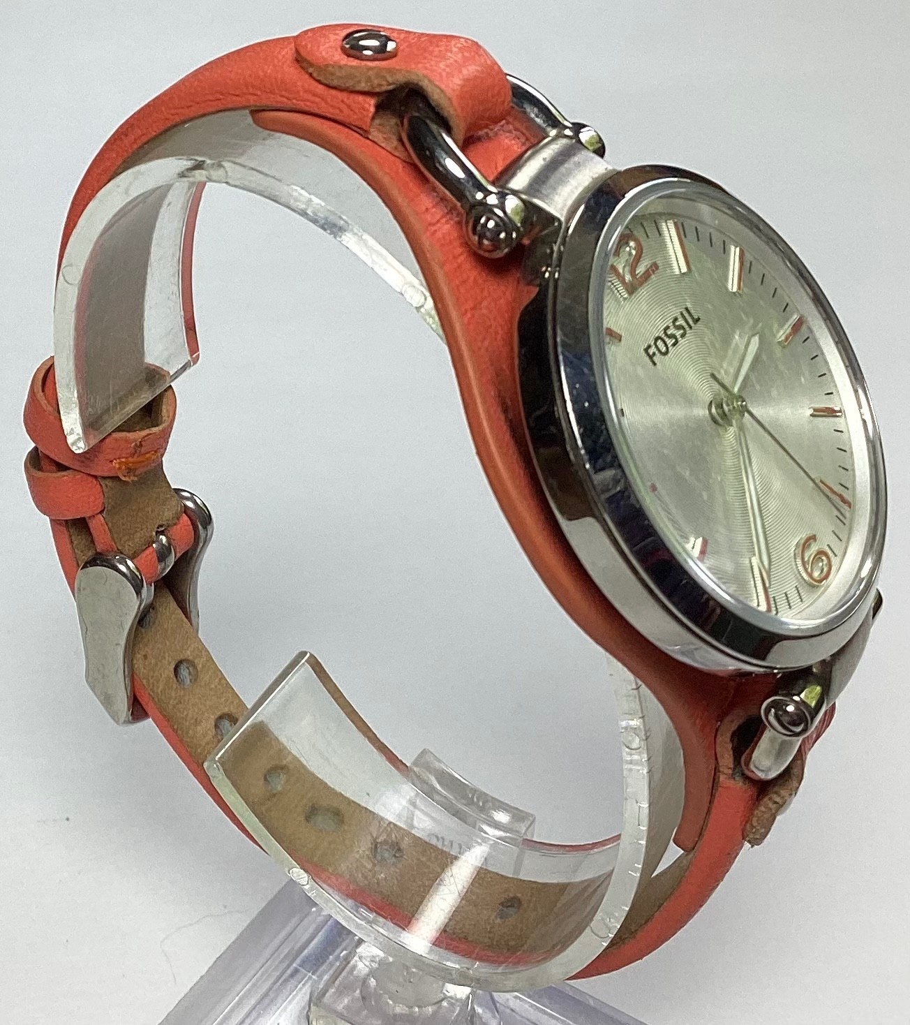 Fossil Georgia Womens Watch ES3219 Silver Orange Leather Equestrian New Battery