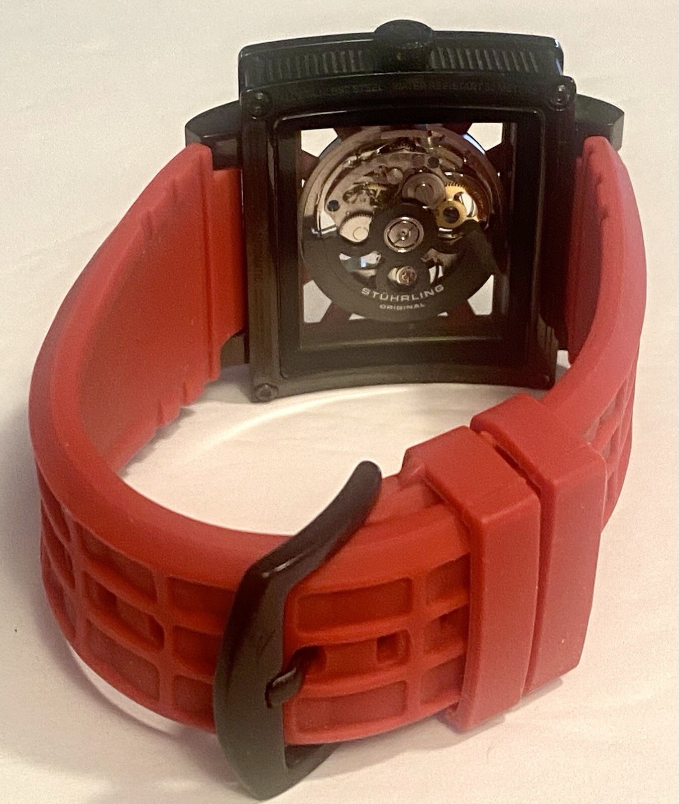 46mm Auto Skeleton Black Rectangular Red Strap WILD AXIS Mens Watch by STUHRLING