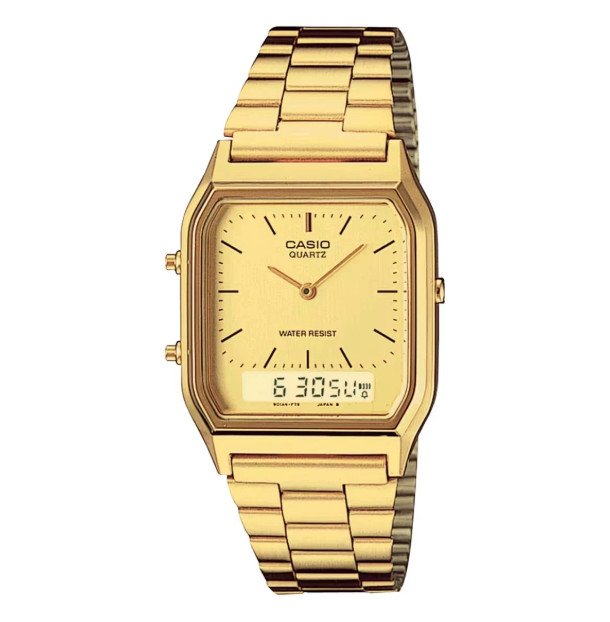 New Casio AQ230GA-9D Men’s Analog Digital Dual Time Gold Tone Metal Band Watch