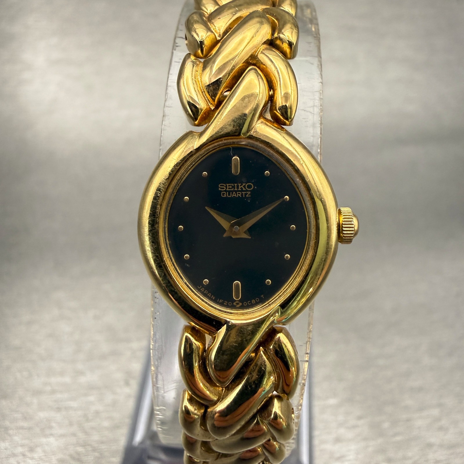 Seiko Watch Women 16mm Black Dial Gold Tone Oval 1F20-5B50 New Battery Vintage