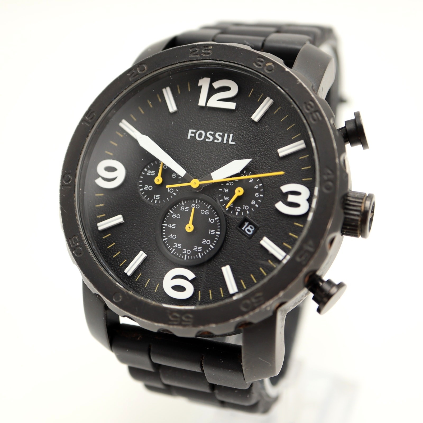 Fossil Nate Men’s Black 50mm Chronograph Watch Silicone JR1425 with New Battery