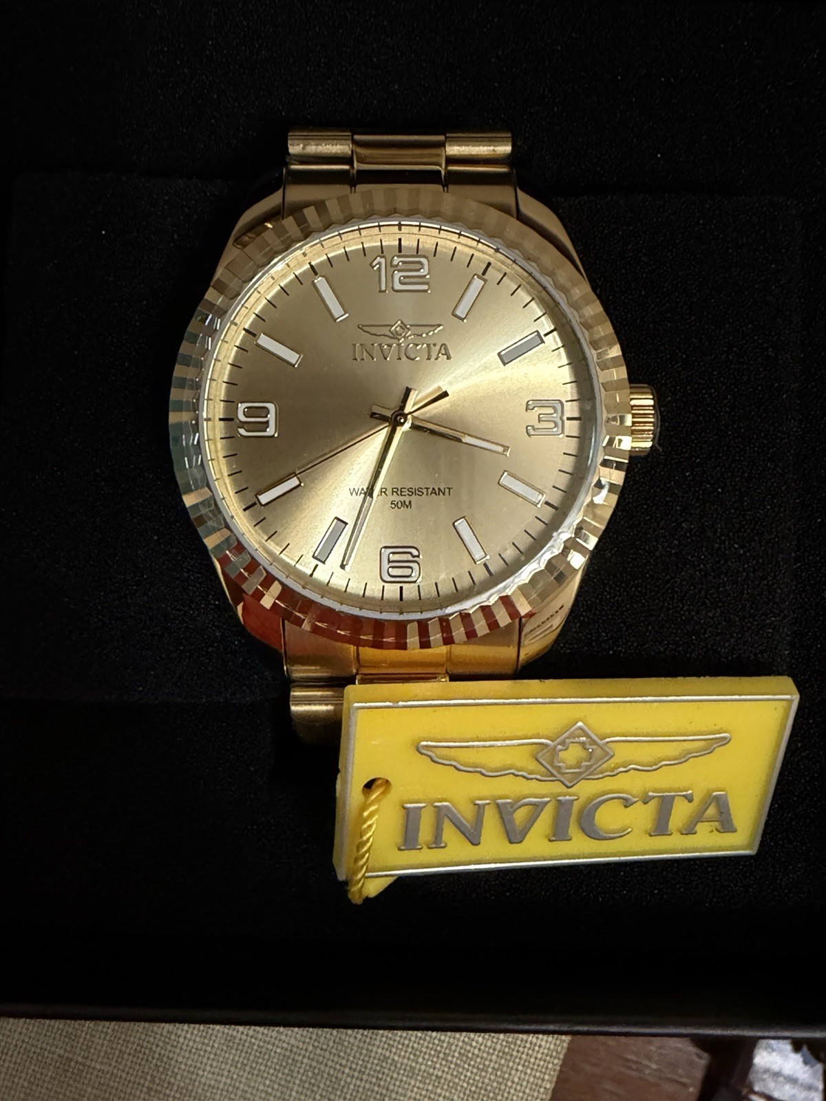 Invicta Men’s Analog Quartz Wristwatch 43mm Gold SS Bracelet 50m w/ Box