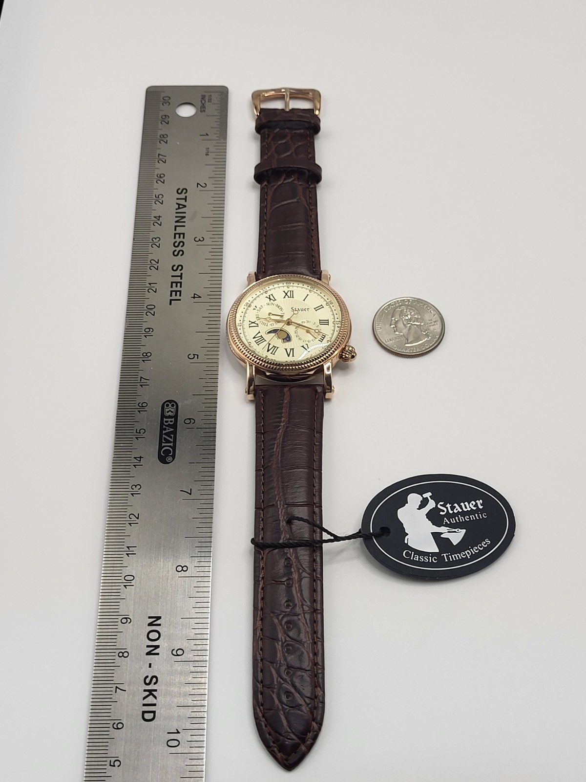 [ Brand NEW ] Stauer Mens Beige Dial Maroon Leather Strap Quartz Watch 20390