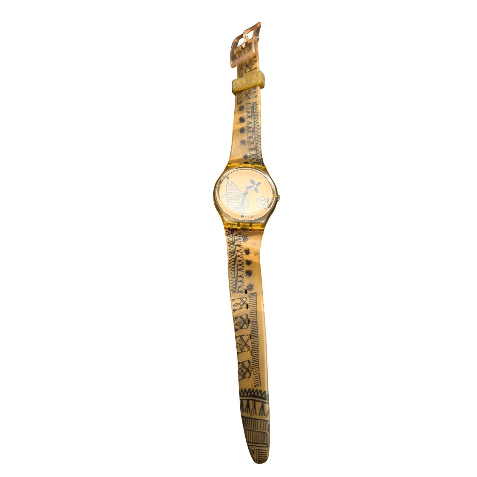 Vintage 1992 Swatch Watch Sketch Tribal Floral Graphic Amber Swiss KC