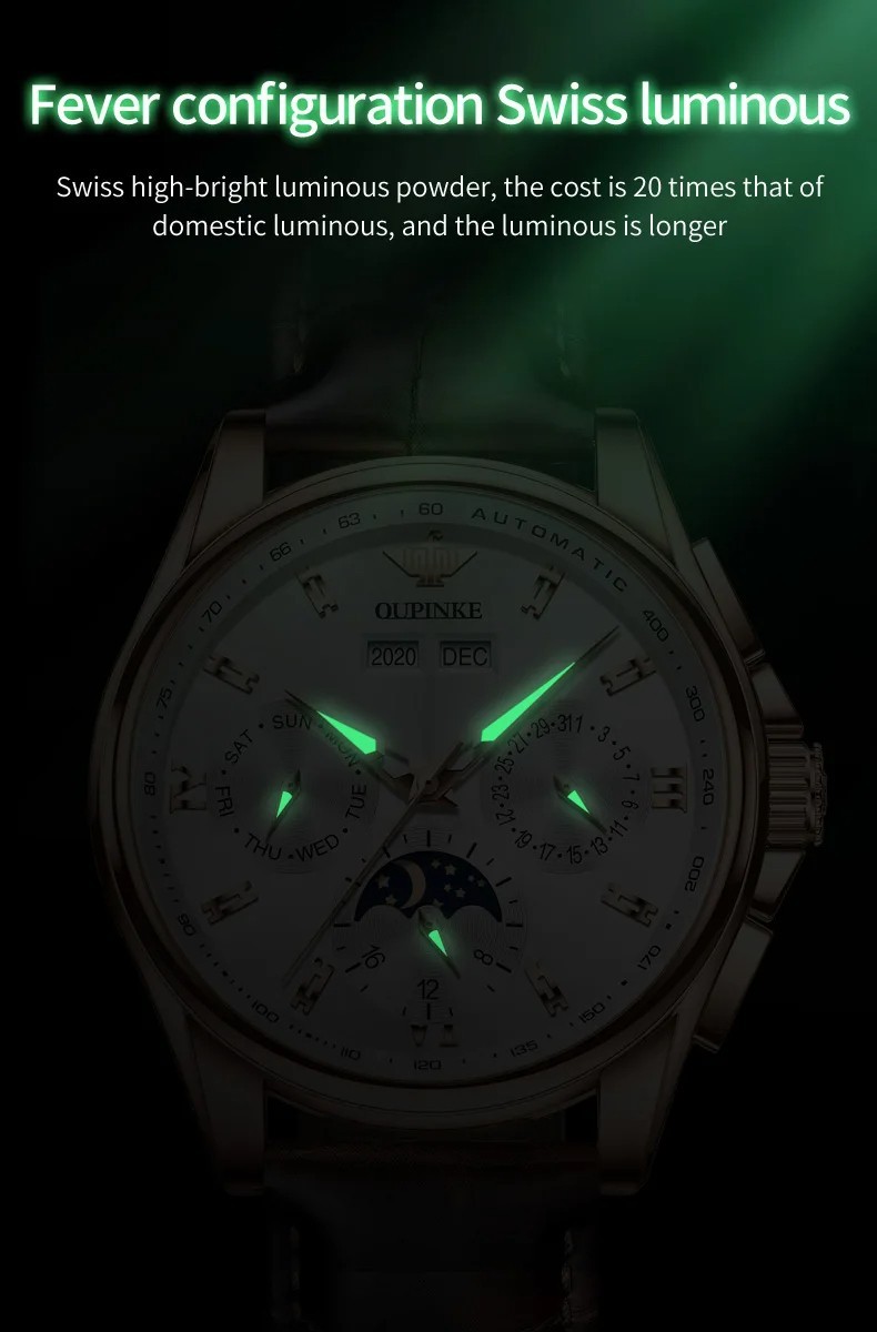 Automatic Mechanical Watch Waterproof Moon Phase Luxury Dial Men’s Men Strap
