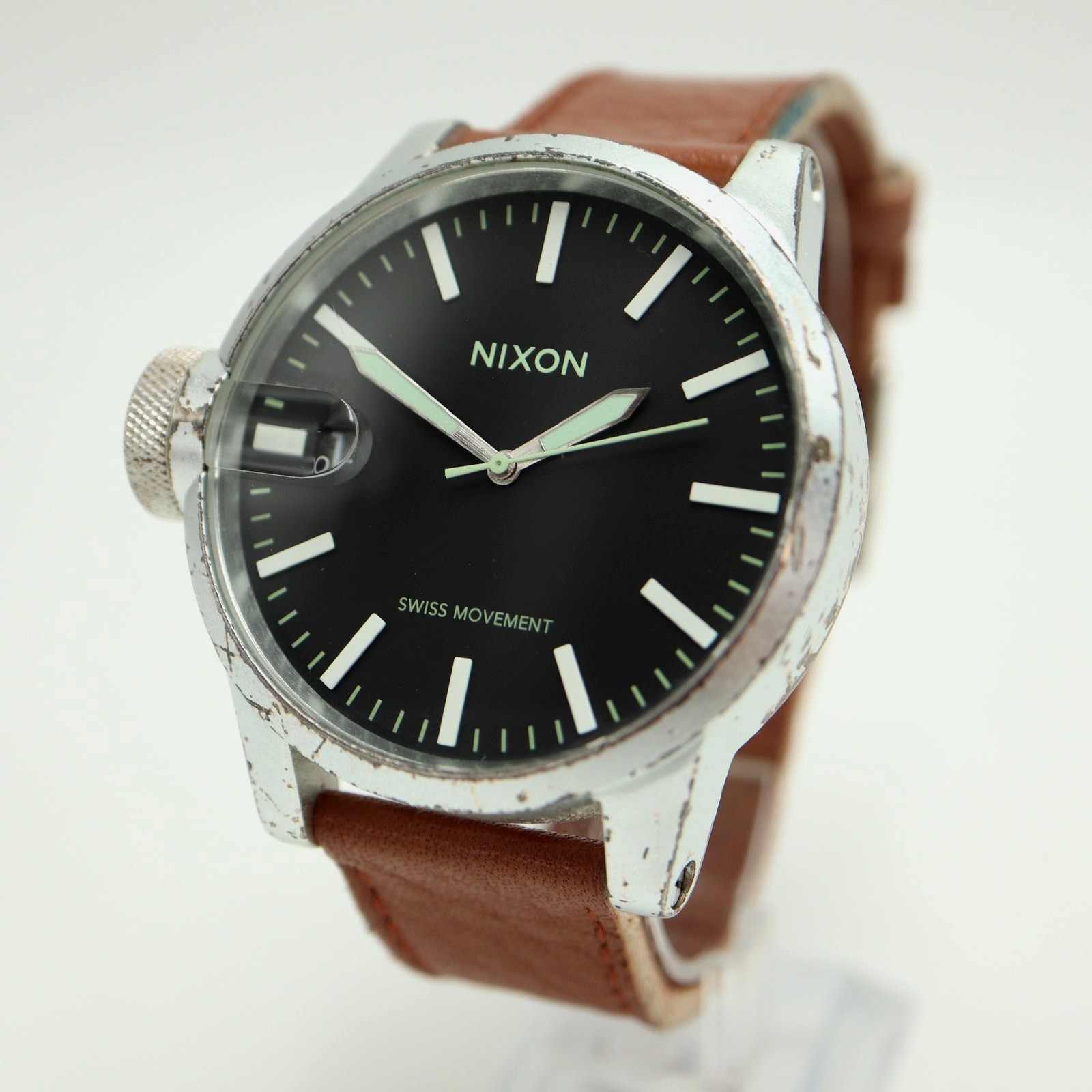 Nixon The Chronicle Swiss Mens 49mm Watch Lefty Brown Leather w New Battery